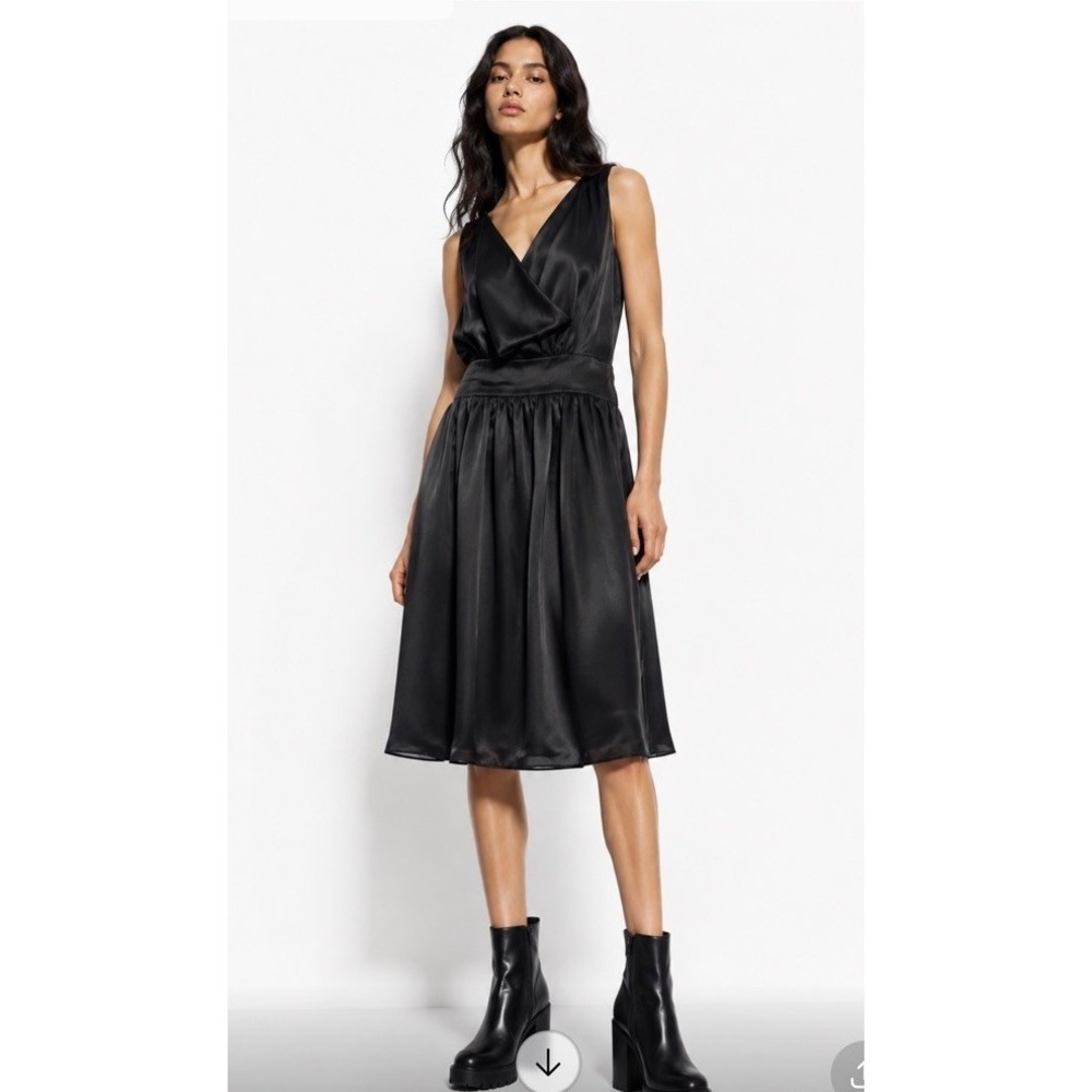 Zaraβ Basic Womens Classic 90s Minimalist Midi Dress LBD Cowl Neck Small Event